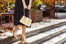 Street Fashion Details: Elegant Woman Wearing Polka Dot Midi Skirt, Golden Wrist Watch, Mirror Shine Ankle Boots, Heels, Holding White Leather Bag With Yellow Tweed Part. Copy, Empty Space For Text
