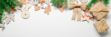 Christmas Wooden And Natural Decoration Ornament Wide Horizontal Banner With Copyspace