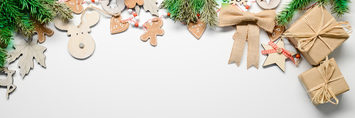 christmas wooden and natural decoration ornament wide horizontal banner with copyspace