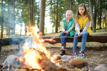 Wall Mural - cute little sisters roasting hotdogs on sticks at bonfire. children having fun at camp fire. camping