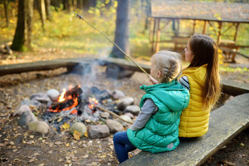 Wall Mural - cute little sisters roasting hotdogs on sticks at bonfire. children having fun at camp fire. camping