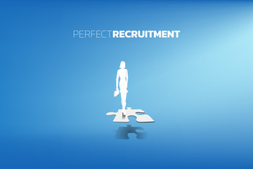 Poster - Silhouette of businessman with briefcase stand on jigsaw piece. Concept of perfect recruitment. Human Resource. put the right man on the right job.