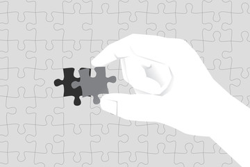 Poster - close up hand lay last jigsaw piece to complete puzzle. business concept of solution and mission.