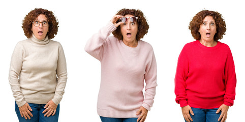 Poster - Collage of middle age senior woman wearing winter sweater over white isolated background afraid and shocked with surprise expression, fear and excited face.