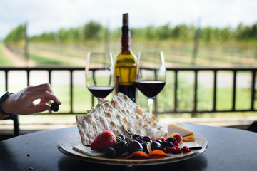 Romantic Getaways- Charcuterie board Outside with Wine and Glasses 