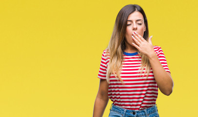 Poster - Young beautiful woman casual look over isolated background bored yawning tired covering mouth with hand. Restless and sleepiness.