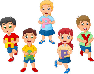 Sticker - Cartoon kids holding letter with word HAPPY