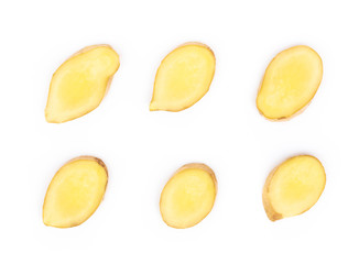 Sticker - Set of fresh ginger root  sliced on white background for herb and medical product concept