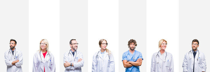 Poster - Collage of professional doctors over stripes isolated background smiling looking side and staring away thinking.