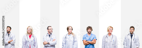 Fotografía Collage of professional doctors over stripes isolated background smiling looking side and staring away thinking