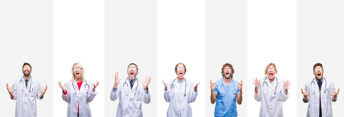 Poster - Collage of professional doctors over stripes isolated background crazy and mad shouting and yelling with aggressive expression and arms raised. Frustration concept.