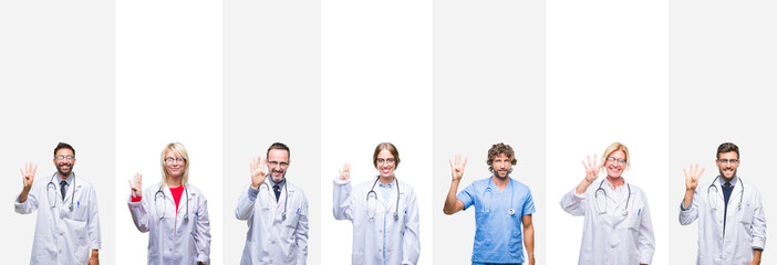 Canvas Print - Collage of professional doctors over stripes isolated background showing and pointing up with fingers number four while smiling confident and happy.