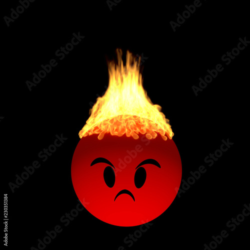 Angry red emoticon face with fire on head on black background Buy