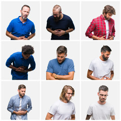 Sticker - Collage of group of men over white isolated background with hand on stomach because nausea, painful disease feeling unwell. Ache concept.