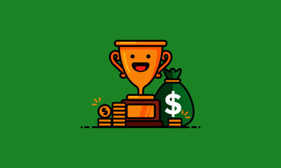 Simple Flat Trophy Vector Illustration with Gold Money Coins and Smiling Bag Face