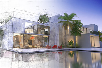 draft and final rendering of luxurious villa