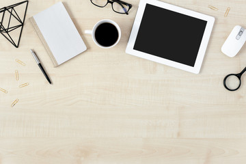 modern feminine workspace tablet accessories flat lay top view copy space
