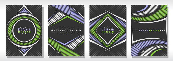 Wall Mural - Vector set of book Covers, 4 grey unusual layouts of brochure with copy space for advertising text, mock up with dark backdrop for promotion, A4 format cover, leaflets with copyspace for name company.