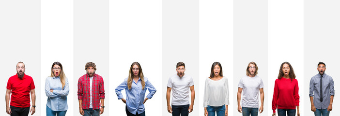 Poster - Collage of different ethnics young people over white stripes isolated background afraid and shocked with surprise expression, fear and excited face.