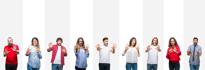 Canvas Print - Collage of different ethnics young people over white stripes isolated background afraid and terrified with fear expression stop gesture with hands, shouting in shock. Panic concept.