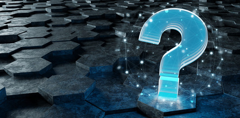 Black and blue question icon on hexagons background 3D rendering