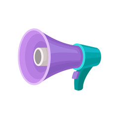 Purple megaphone with turquoise handle and button. Loud-speaker. Device for voice amplification. Flat vector design