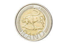 South African 5 Rand Coin Introduced In 2004 Closeup With Symbol Of Wildebeest Of South Africa. Isolated On White Studio Background.