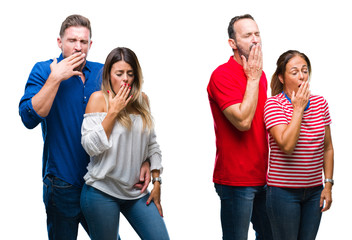 Poster - Collage of young and mature couple in love over isolated background bored yawning tired covering mouth with hand. Restless and sleepiness.