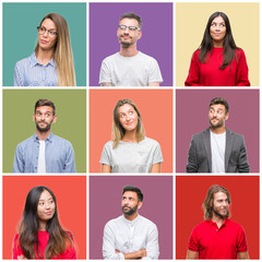 Canvas Print - Collage of group people, women and men over colorful isolated background smiling looking side and staring away thinking.