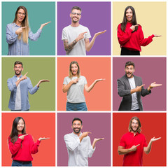 Sticker - Collage of group people, women and men over colorful isolated background amazed and smiling to the camera while presenting with hand and pointing with finger.