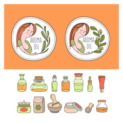 Herbal cosmetics, natural oil. Vector hand drawn illustration for natural eco cosmetics store. A large set of jars with natural oils. Two emblems with a girl and a sprig of olive and eucalyptus.
