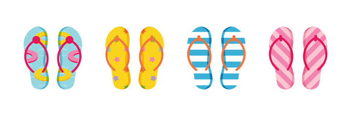 Wall Mural - Set, collection of cute colorful flip flops with different ornaments, patterns for summer design.
