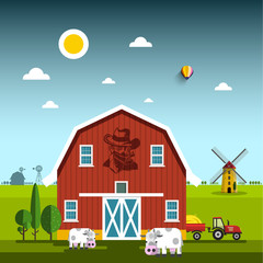 Sticker - Rural Scene with Cowboy on Barn. Farm with Cows and Windmills Vector Illustration.