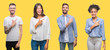© Krakenimages.com - Collage of group people, women and men over colorful yellow isolated background cheerful with a smile of face pointing with hand and finger up to the side with happy and natural expression on face