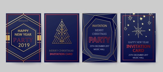 New Year and Merry Christmas party invitation, background. Geometric art style design with holiday tree.