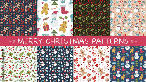 Stoffe zum Nähen Christmas set pattern with gingerbread mans, snowflakes, candy canes, holly berries, flowers and sweets. Vintage decorative Xmas seamless background collection for fabric and gift wrapping paper.