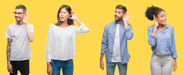 Wall Mural - Collage of group people, women and men over colorful yellow isolated background smiling with hand over ear listening an hearing to rumor or gossip. Deafness concept.