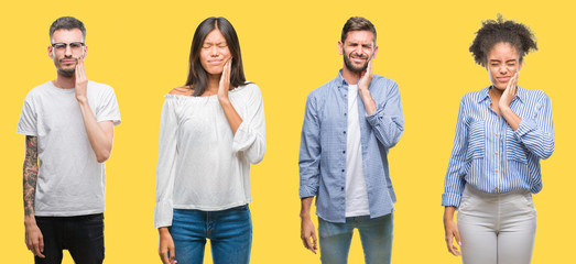 Poster - Collage of group people, women and men over colorful yellow isolated background touching mouth with hand with painful expression because of toothache or dental illness on teeth. Dentist concept.