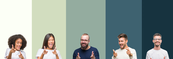 Collage of group of young people over colorful isolated background pointing fingers to camera with happy and funny face. Good energy and vibes.