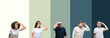 canvas print picture - Collage of group of young people over colorful isolated background very happy and smiling looking far away with hand over head. Searching concept.