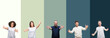 © Krakenimages.com - Collage of group of young people over colorful isolated background looking at the camera smiling with open arms for hug. Cheerful expression embracing happiness.