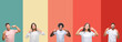 © Krakenimages.com - Collage of different ethnics young people over colorful stripes isolated background smiling confident showing and pointing with fingers teeth and mouth. Health concept.