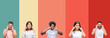 © Krakenimages.com - Collage of different ethnics young people over colorful stripes isolated background covering ears with fingers with annoyed expression for the noise of loud music. Deaf concept.