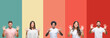 Collage of different ethnics young people over colorful stripes isolated background showing and pointing up with fingers number ten while smiling confident and happy.