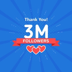 Sticker - Thank you 3000000 or 3m followers. Congratulation card. Web Social media concept. Blogger celebrates a many large number of subscribers.