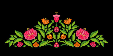 Canvas Print - Hungarian folk pattern vector border. Kalocsa floral ethnic ornament. Slavic eastern european flower print on black background. Vintage design for birthday invitation or save the date cards.