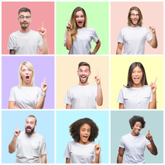 Collage of group people, women and men over colorful isolated background pointing finger up with successful idea. Exited and happy. Number one.