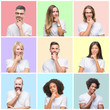 © Krakenimages.com - Collage of group people, women and men over colorful isolated background looking confident at the camera with smile with crossed arms and hand raised on chin. Thinking positive.