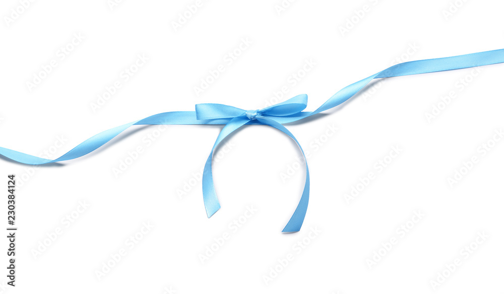Blue ribbon with bow on white background