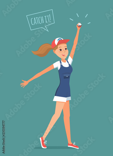 Fotografija Flat vector illustration of girl with ball in hand